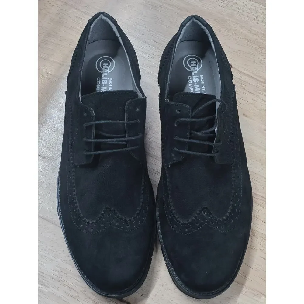 Halis-Men Comfort Men's Black Suede Oxford Wingtip Brogue Lace-Up Formal Shoes